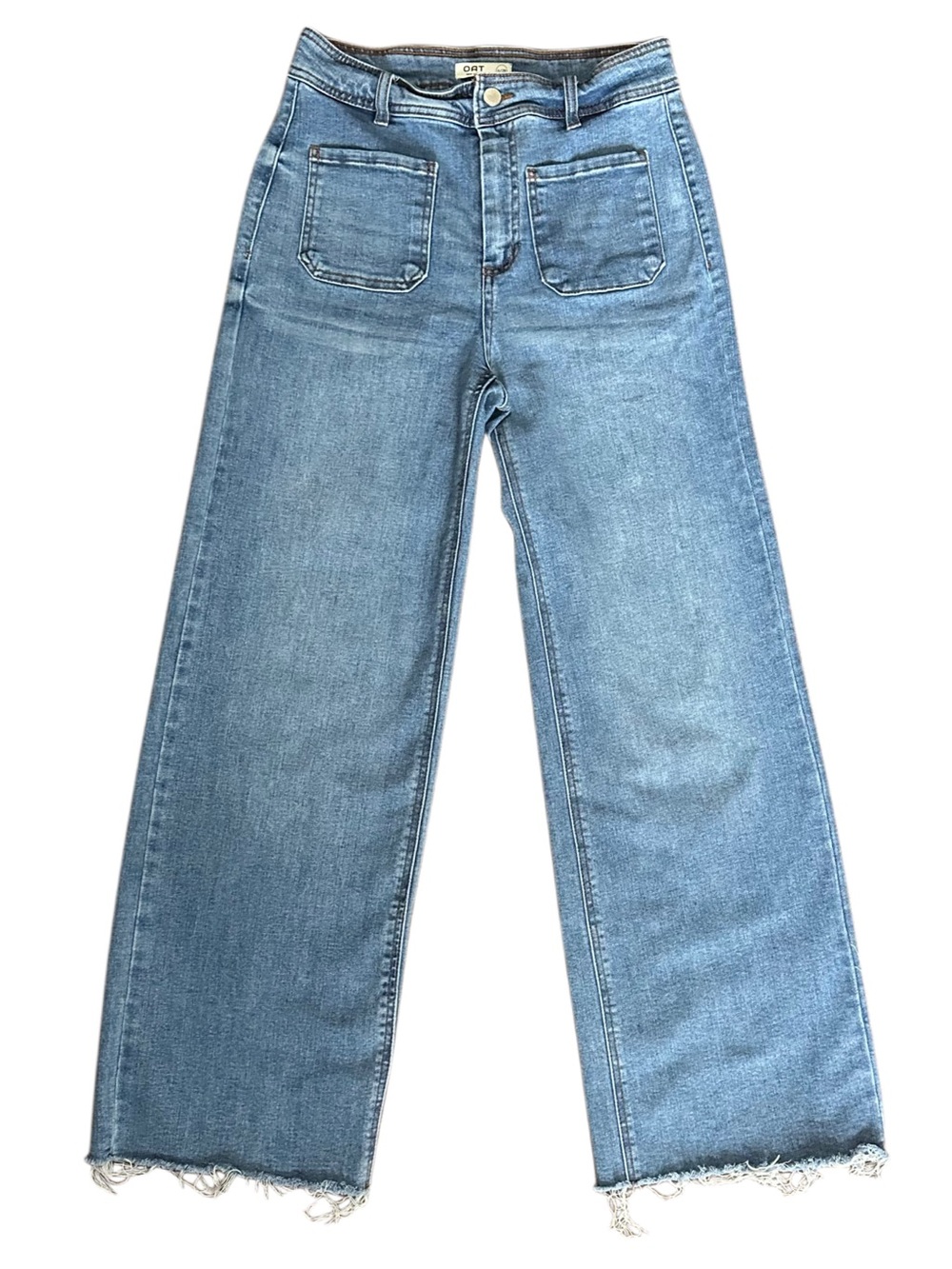 OAT New York Wide Leg Jeans Size 6/28 High Rise Raw Hem Patch Pocket Denim